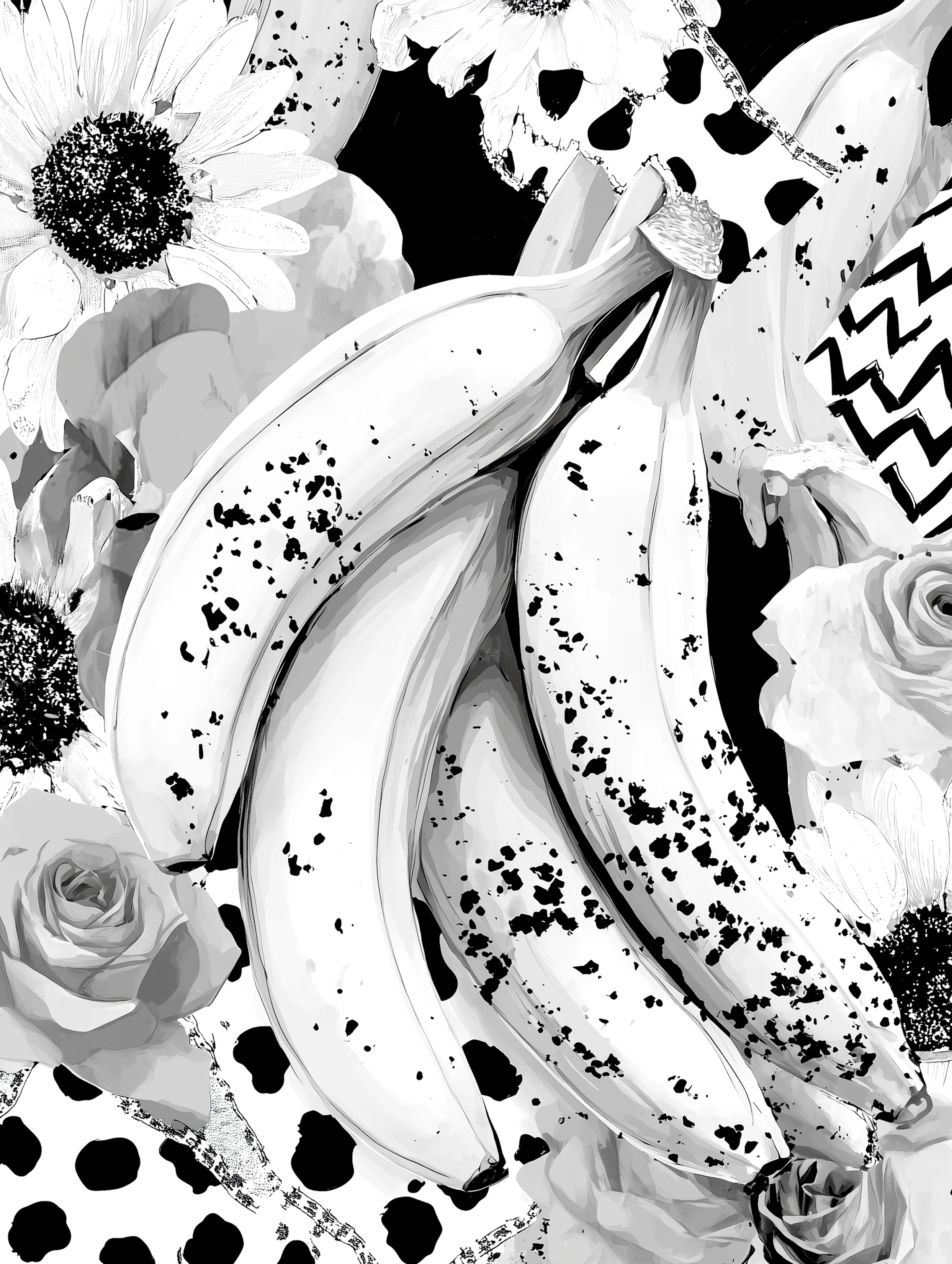 Free printable banana coloring page for adults featuring four bananas with zigzags and dots